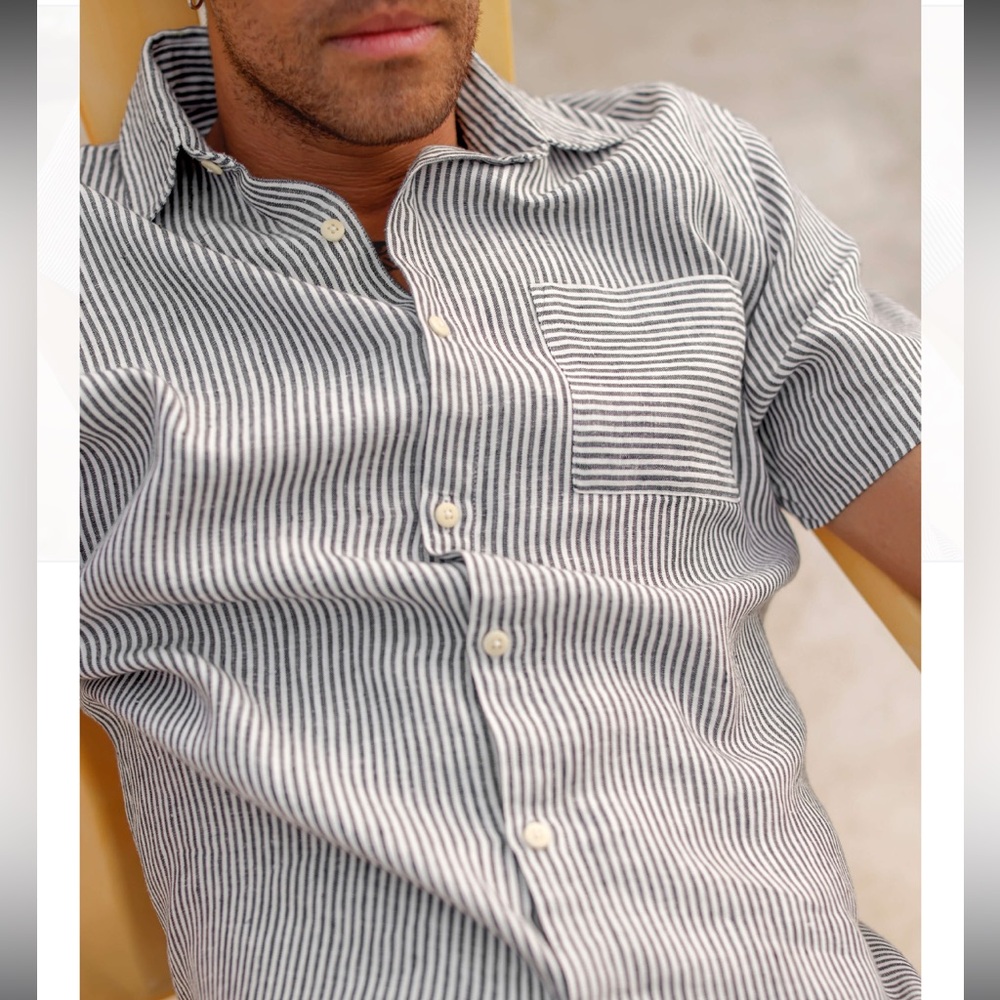 Alex Crane Men's Linen Shirt Short Sleeve Chest Stripe Summer Travel Vacation S